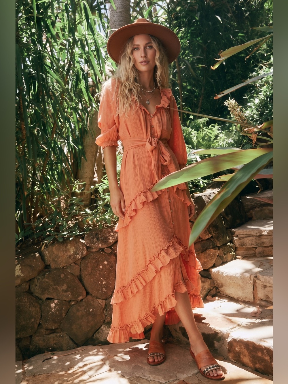 Free People Oh So Romantic Maxi Dress Coral Ruffle Button Front Boho Size S
